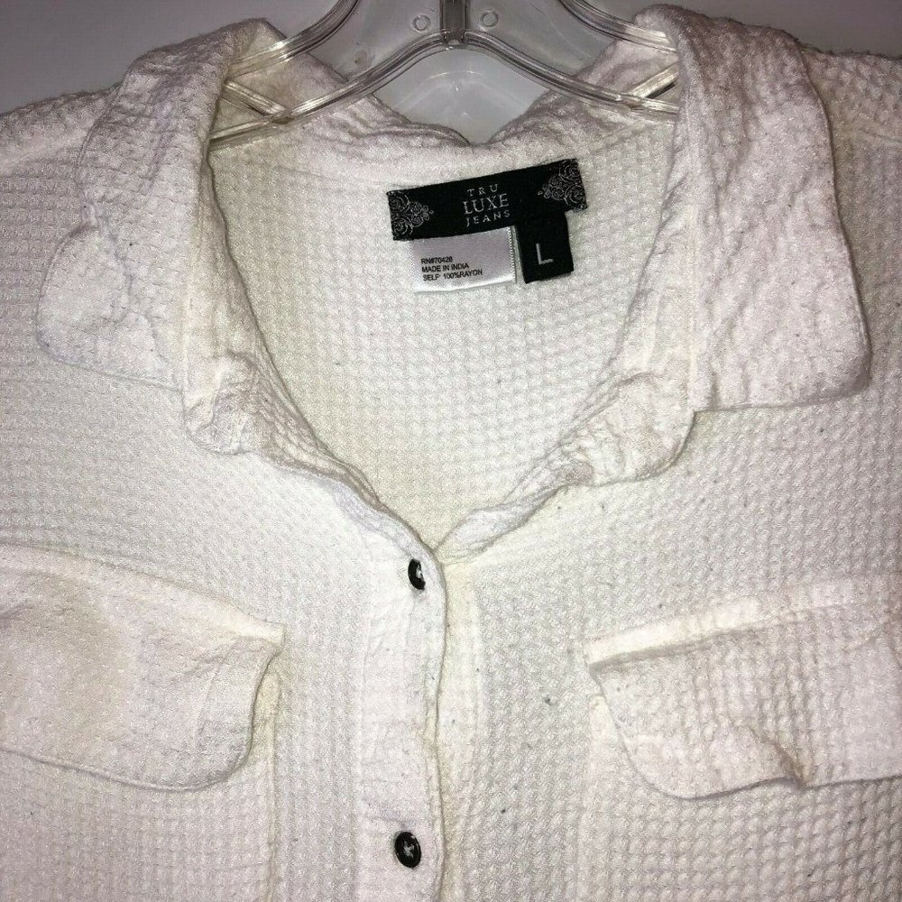 Tru Luxe Women's Large Button Up Shirt Collared Long Sleeve White Waffle Weave - Picture 10 of 12